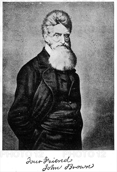 John Brown. Signed portrait of John Brown (1800-1859), an American slavery abolitionist who was one of the first white campaigners to practice guerrilla warfare as a means to bring about the abolition. He fought several major battles against slavery supporters and died as a martyr, executed by federal forces. United States of America, circa 1855. United States of America, North America, North America .