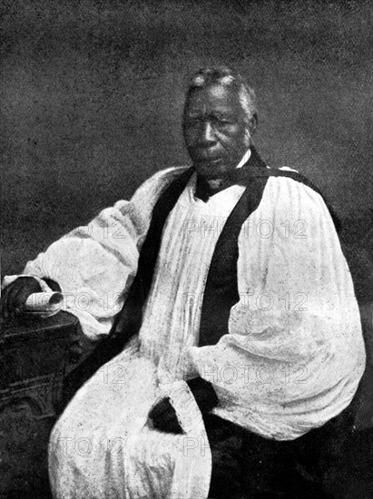 Bishop Samuel Ajayi Crowther. Portrait of Bishop Samuel Ajayi Crowther (1809-1892), a former Nigerian slave who was rescued and converted to Christianity. He later became a missionary worker, and in 1864, was ordained as the first African Bishop of the Church of England, based in Niger. Probably Niger, circa 1865. Niger, Western Africa, Africa.