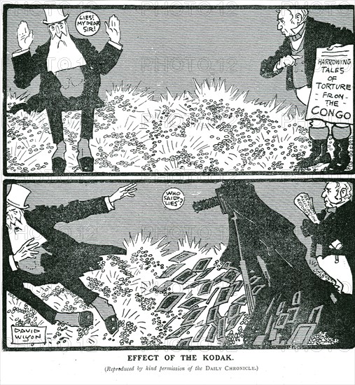 Effect of the Kodak'. A newspaper cartoon entitled 'Effect of the Kodak' depicts King Leopold II of Belgium denying atrocities committed in the Congo Free State. In the second part of the strip, he shuns a camera surrounded by photographs that threatens to expose the truth. Congo Free State (Democratic Republic of Congo), 26 November 1905. Congo, Democratic Republic of, Central Africa, Africa.