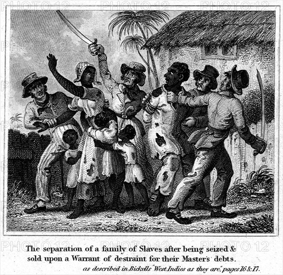 A slave family is separated. European debt collectors forcibly separate a family of slaves to be sold following the seizure of their master's house. Caribbean, circa 1825., Caribbean, North America .