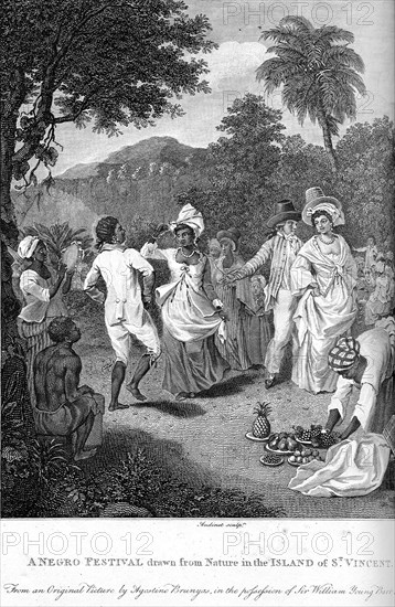 Pro-slavery propaganda. An illustration by Agostino Brunias depicts several finely dressed black and mixed race slaves, dancing happily at an outdoor festival. Brunias' work typically romanticised scenes of West Indian slave life, reinforcing the pro-slavery propaganda prevalent at the time. St Vincent, circa 1790., Caribbean, North America .