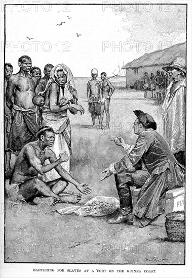 Bartering for slaves. A book illustration depicts European and African slave traders bartering for African slaves on the Guinea coast. The slaves were destined to be shipped across the Atlantic Ocean to work on plantations in the Americas. Probably Conakry, French Rivieres du Sud (Guinea), circa 1892. Conakry, Conakry, Guinea, Western Africa, Africa.