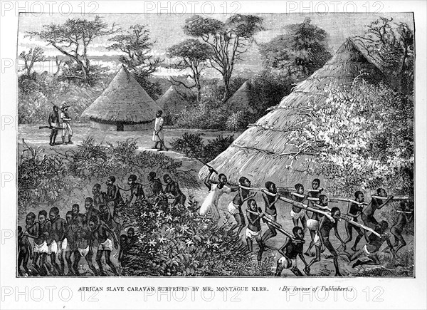 Surprised by Montague Kerr. A book illustration depicts African slave traders rushing their tethered captives into hiding on the arrival of British explorer, Montague Kerr. Zanzibar (Tanzania), circa 1887., Zanzibar Central/South, Tanzania, Eastern Africa, Africa.