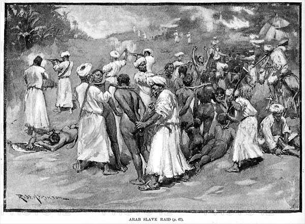 Arab slave raid. Armed Arab slave traders attack a village, taking women and children as their captives. The captured slaves are tethered together in pairs by yokes around their necks, with several suffering a beating during the ordeal. Africa, circa 1887., Northern Africa, Africa.