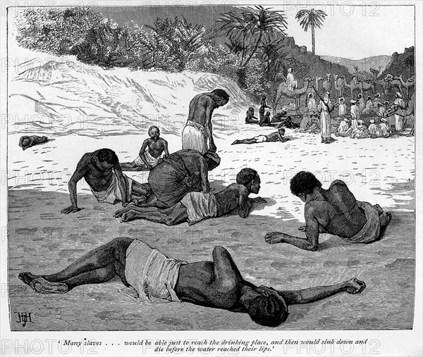 Slaves dying of thirst. A group of African slaves sink down in the sand, exhausted and dying of thirst after a long, forced march instigated by their Arab captors. Northern Africa, circa 1889., Northern Africa, Africa.