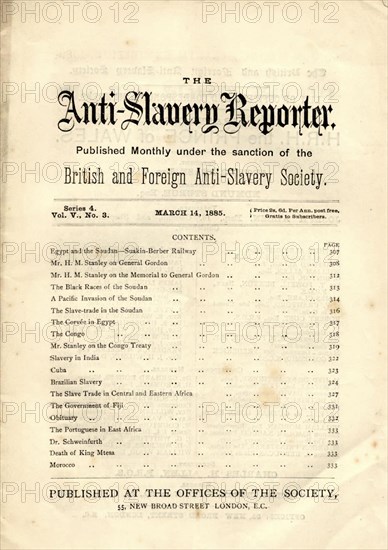 Anti Slavery Reporter', March 1885. Title page of the 'Anti-Slavery Reporter', a magazine established in 1825 that campaigned vigorously for the abolition of slavery throughout the world. England, 14 March 1885. England (United Kingdom), Western Europe, Europe .
