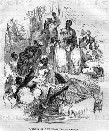 Fugitive slaves arrive in Canada. Fugitive slaves from the American south arrive relieved on free soil in Canada. Some embrace each other, whilst others raise their hats and kiss the ground in thanks. British North America (Canada), circa 1850. Canada, North America, North America .