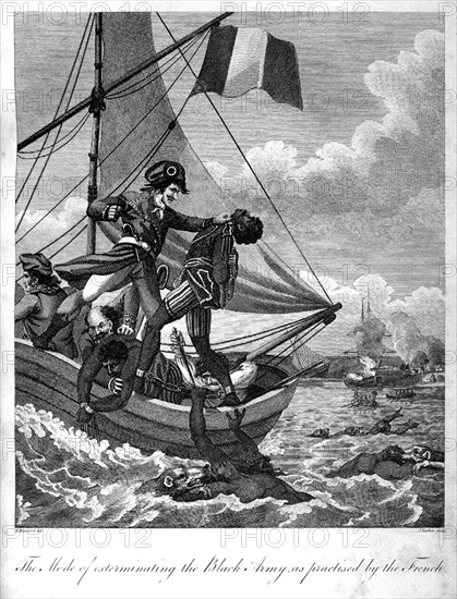 Disposing of 'Black Army' rebels. French military officers dispose of 'Black Army' captives during the Haitian Revolution (1791-1804), throwing them, chained, into the sea. The conflict was fought between French colonialists and their Haitian slaves and established Haiti, then Saint Domingue, as a free republic. Haiti, circa 1800. Haiti, Caribbean, North America .