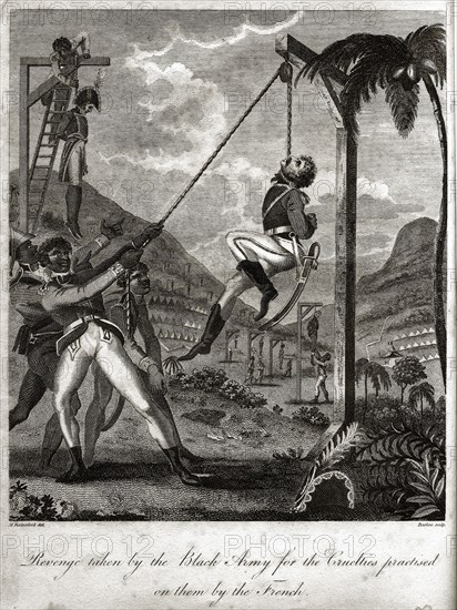 The 'Black Army's' revenge. The 'Black Army' carry out revenge hangings of French military officers during the Haitian Revolution (1791-1804). The conflict was fought between French colonialists and their Haitian slaves and established Haiti, then Saint Domingue, as a free republic. Haiti, circa 1800. Haiti, Caribbean, North America .