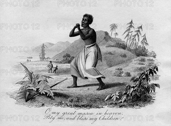 Pity me and bless my children'. A female slave desperately clasps her hands in prayer as a child slave is led away to a European slave ship moored on the coast. A printed caption beneath the image reads: 'O my great massa in heaven, Pity me and bless my Children'. Caribbean, circa 1820., Caribbean, North America .