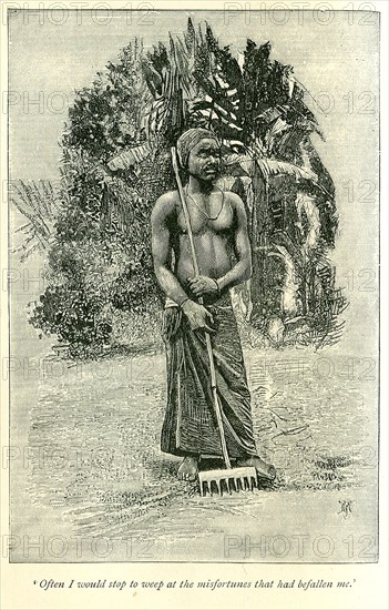 Portrait of a weeping slave. A book illustration depicts a weeping slave, at work raking the land. A printed caption beneath the image reads: 'Often I would stop to weep at the misfortunes that had befallen me'. Sudan, circa 1889. Sudan, Eastern Africa, Africa.