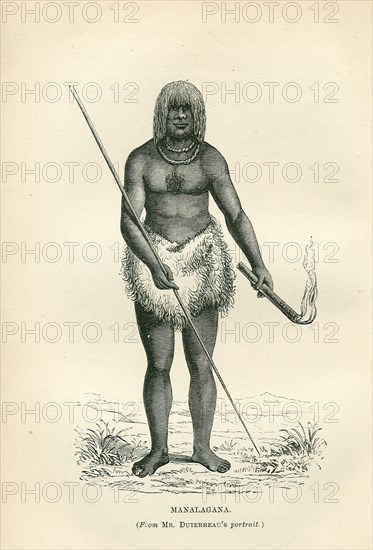A Tasmanian aborigine. Full-length portrait of a Tasmanian aborigine, identified by an original caption as 'Manalagana'. Dressed in a fur loin cloth, he holds a spear in one hand and a stick, on fire, in the other. Tasmania, circa 1840., Tasmania, Australia, Australia, Oceania.