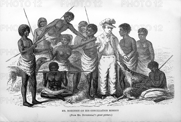 Robinson on his conciliation mission. Settler propaganda depicting George Augustus Robinson (1788-1866) being welcomed by Tasmanian aborigines on his conciliation mission to repatriate them. The indigenous population were in fact forcibly relocated, a move that resulted in many deaths due to disease and deprivation. Tasmania, circa 1840., Tasmania, Australia, Australia, Oceania.