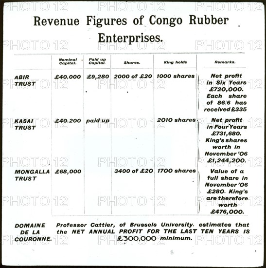 Congo rubber revenue figures. Close-up of a document showing revenue figures for various Congo rubber enterprises including the ABIR (Anglo-Belgian India Rubber company). Some of King Leopold II's shares are also listed. Congo Free State (Democratic Republic of Congo), circa 1907. Congo, Democratic Republic of, Central Africa, Africa.