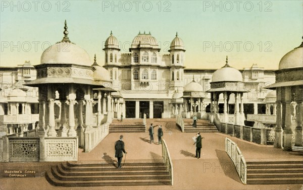 Franco-British Exhibition. Entrance to the 'Court of Honour' at the Franco-British Exhibition, an elaborate pavilion designed around an artificial lake. An original caption comments: 'All this is illuminated in the evening and is very pretty'. London, England, July 1908. London, London, City of, England (United Kingdom), Western Europe, Europe .