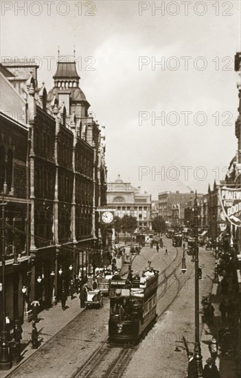The Hayes, Cardiff. View along The Hayes, a street in central Cardiff, showing an open-top electric tram travelling towards the camera. Cardiff, Wales, circa 1903. Cardiff, Glamorgan, Wales (United Kingdom), Western Europe, Europe .