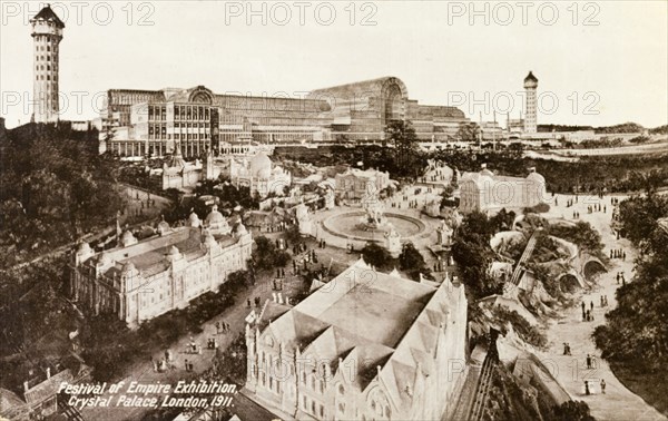 Festival of Empire Exhibition. View of the Festival of Empire Exhibition at Crystal Palace. Three-quarter sized replicas of parliament buildings from across the British Empire & Commonwealth were erected in the grounds, containing exhibits of each of the country's products. London, England, 1911. London, London, City of, England (United Kingdom), Western Europe, Europe .