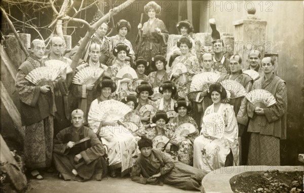 Cast of 'The Mikado', 1926. Members of the Gibraltar Operatic & Dramatic Society pose in full costume following a performance of 'The Mikado', a comic opera written by Gilbert and Sullivan in 1885. Gibraltar, November 1926. Gibraltar, Gibraltar, Gibraltar, Mediterranean, Europe .