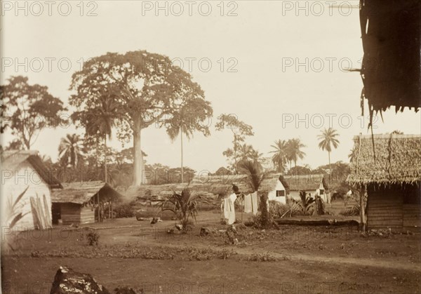 A village on the island of Bioko. View of a village on the island of Bioko, showing a line of single storey, thatched roof dwellings. Bioko, Equatorial Guinea, circa 1930., Bioko Norte, Equatorial Guinea, Central Africa, Africa.