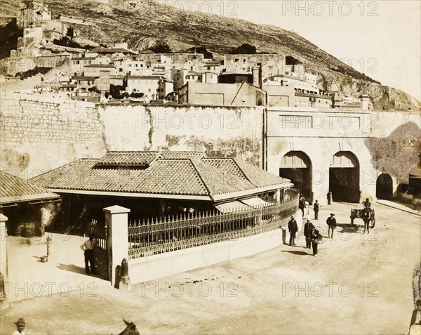 Hillside street in Gibraltar. A hillside street in Gibraltar, one of several photographs taken during a royal visit by King Edward VII (1841-1910) and Kaiser Wilhelm II (1859-1941). Gibraltar, 1904., Gibraltar, Gibraltar, Mediterranean, Europe .