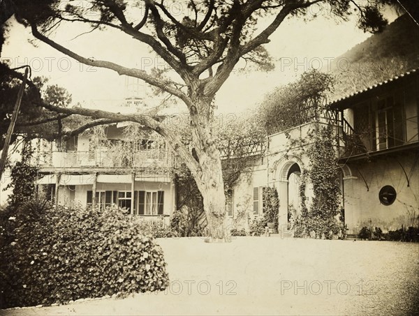 Courtyard in Gibraltar. The courtyard of a colonial house. One of several photographs taken during a royal visit to Gibraltar by King Edward VII (1841-1910) and Kaiser Wilhelm II (1859-1941), this residence may have accommodated the monarchs during their stay. Gibraltar, 1904., Gibraltar, Gibraltar, Mediterranean, Europe .