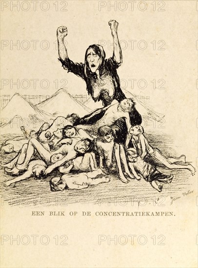 Boer War concentration camp. An illustration by French political cartoonist, Jean Veber, depicts a Boer woman screaming in despair over a pile of children's corpses heaped up at a British concentration camp during the Second Boer War (1899-1902). South Africa, circa 1900. South Africa, Southern Africa, Africa.