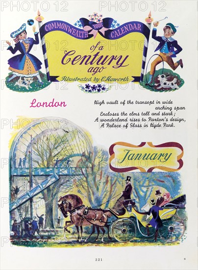 Empire Youth Annual' calendar, 1952. A page taken from the 1952 'Empire Youth Album', entitled 'Your Commonwealth Calendar of a Century Ago', is illustrated with a different 19th century scene for each month: January's being the Crystal Palace in London. England, 1952. London, London, City of, England (United Kingdom), Western Europe, Europe .