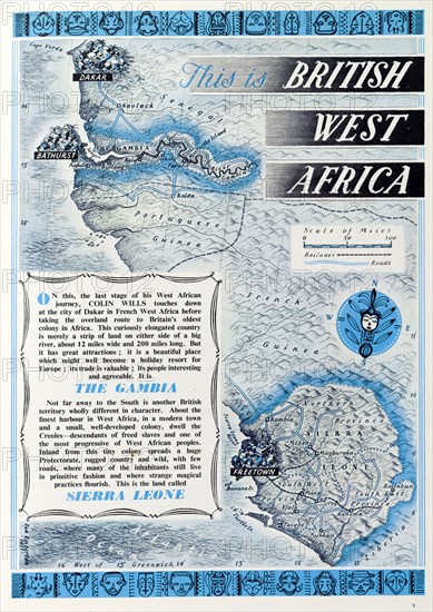 British map of Western Africa, 1952. A page taken from the 1952 'Empire Youth Album', entitled 'This is British West Africa', is illustrated with a scale map of the Gambia and Sierra Leone, together with text that describes both regions. Western Africa, 1952., Western Africa, Africa.