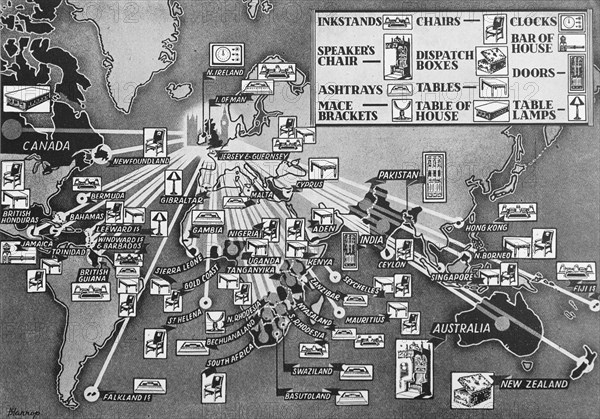 Imports from the Empire for the House of Commons. A page taken from the 1952 'Empire Youth Album' depicts a map of the world with a key, and illustrates how contributions of furniture and fittings from around the British Empire and Commonwealth helped to refurbish the House of Commons in London in 1950. England, 1952. England (United Kingdom), Western Europe, Europe .