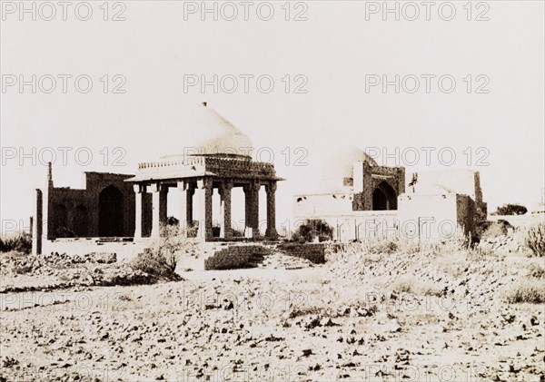 Makli Hills necropolis. A pillared tomb with a domed canopy roof at Makli Hills necropolis. Makli Hills has one of the largest collections of mausoleums in the world, featuring imperial tombs from the Samma (1352-1520) and Tarkhan (1556-1592) periods. Sind, India (Sindh, Pakistan), circa 1910., Sindh, Pakistan, Southern Asia, Asia.