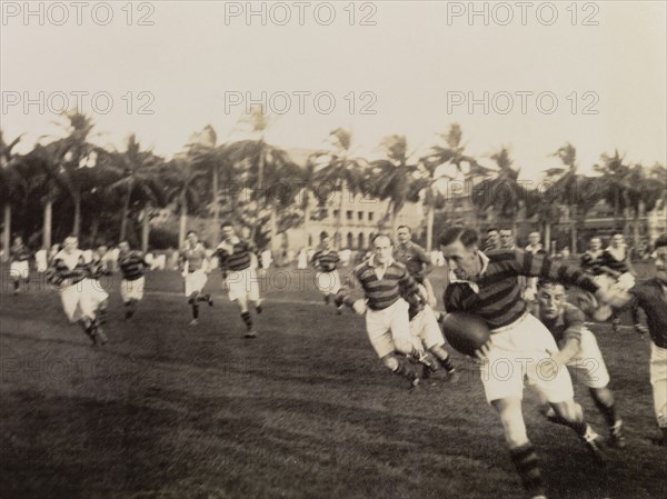 Bombay Rugby Team league match. An action shot of the Bombay Rugby Team during a league match. Bombay (Mumbai), India, circa 1926. Mumbai, Maharashtra, India, Southern Asia, Asia.