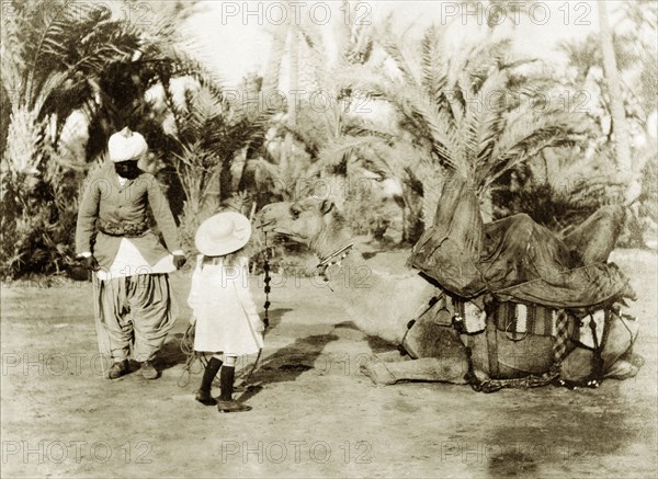 Margaret Lawrence prepares to ride a camel. Margaret Lawrence (b.1904), the daughter of Phyllis and Sir Henry Staveley Lawrence (Collector of Karachi) is encouraged by an Indian servant as she prepares to ride a saddled camel. Karachi, India (Pakistan), circa 1910. Karachi, Sindh, Pakistan, Southern Asia, Asia.