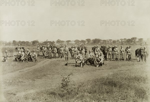 Assault on Pinlebu. British and Indian soldiers in the Second Mountain Battery of the Royal Artillery pose with artillery guns as they re-enact their assault on Pinlebu. The company was involved in a campaign to suppress Burmese rebels in Wuntho State (today known as the Sagaing Division). Sagaing, Burma (Myanmar), 1891., Sagaing, Burma (Myanmar), South East Asia, Asia.