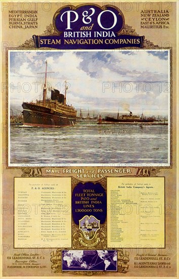 Advertisement for P&O / British India Lines. A full-page advertisement for 'P&O' and the 'British India Steam Navigation Companies', taken from the 1929 edition of 'The Times of India Annual'. Promoting both passenger and mail freight services, the illustration depicts two ships at sea: the SS Viceroy of India and the SS Manela. India, 1929. India, Southern Asia, Asia.