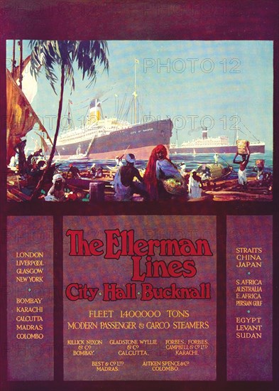 Advertisement for 'Ellerman Lines'. A full-page advertisement for the shipping company 'Ellerman Lines', taken from the 1929 edition of 'The Times of India Annual'. The illustration depicts the SS City of Nagpur at anchor with another ship near a bustling Indian port. India, 1929. India, Southern Asia, Asia.