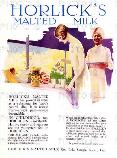Advertisement for 'Horlick's Malted Milk'. A full-page advertisement for 'Horlick's Malted Milk', taken from the 1929 edition of 'The Times of India Annual'. The illustration depicts a British housewife serving the drink to an excited child, watched approvingly by an Indian servant. India, 1929. India, Southern Asia, Asia.