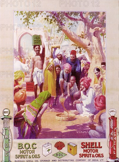 Advertisement for 'BOC'/'Shell'. A full-page advertisement for the 'Burmah-Shell Oil Storage and Distributing Company of India Ltd.', taken from the 1929 edition of 'The Times of India Annual'. The illustration depicts a man carrying two motor spirit cans at the edge of a crowd being entertained by a snake charmer. India, 1929. India, Southern Asia, Asia.
