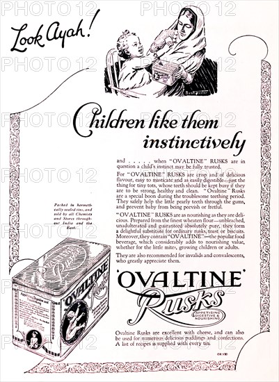 Children like them instinctively'. A full-page advertisement for 'Ovaltine Rusks', taken from the 1929 edition of 'The Times of India Annual'. The illustration depicts a British baby seated in a high chair, holding out a rusk towards an Indian ayah (nursemaid). India, 1929. India, Southern Asia, Asia.