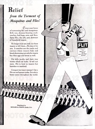 Conquer the insect menace'. A full-page advertisement for 'Flit' insecticide, taken from the 1929 edition of 'The Times of India Annual'. The illustration depicts a British soldier, saluting as he marches forward carrying a portable atomiser over his shoulder. India, 1929. India, Southern Asia, Asia.