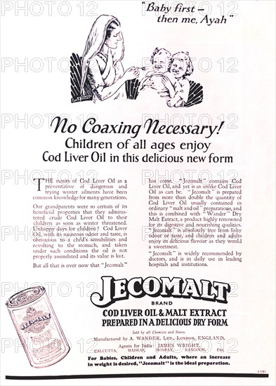 No coaxing necessary'. A full-page advertisement for 'Jecomalt' cod liver oil and malt extract, taken from the 1929 edition of 'The Times of India Annual'. The illustration depicts an Indian ayah (nursemaid) offering a spoon of the mixture to a British baby seated on a girl's lap. India, 1929. India, Southern Asia, Asia.