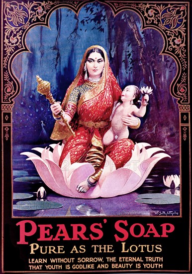 Advertisement for 'Pears' soap. A full-page advertisement for 'Pears' soap, taken from the 1929 edition of 'The Times of India Annual'. The illustration depicts an Indian woman, seated inside an open lotus flower holding a baby and a sceptre. India, 1929. India, Southern Asia, Asia.