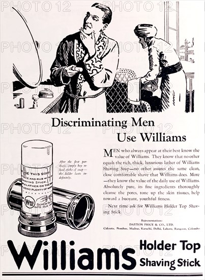 Discriminating men use 'Williams''. A full-page advertisement for 'Williams' holder top shaving stick, taken from the 1929 edition of 'The Times of India Annual'. The illustrations depict a close-up of the product alongside a British man examining his face in a mirror after a successfully clean shave. India, 1929. India, Southern Asia, Asia.