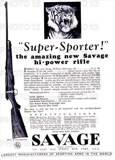 Savages' Super-Sporter'. A full-page advertisement for 'Savages' Super-Sporter' high-power rifle, taken from the 1929 edition of 'The Times of India Annual'. The illustrations depict a close-up of the rifle and a roaring tiger. India, 1929. India, Southern Asia, Asia.