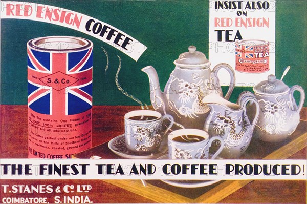 The finest tea and coffee produced'. A half-page advertisement for 'Red Ensign' coffee and tea, taken from the 1929 edition of 'The Times of India Annual'. The illustration depicts an Oriental-style tea service including two cups of steaming black coffee. India, 1929. India, Southern Asia, Asia.