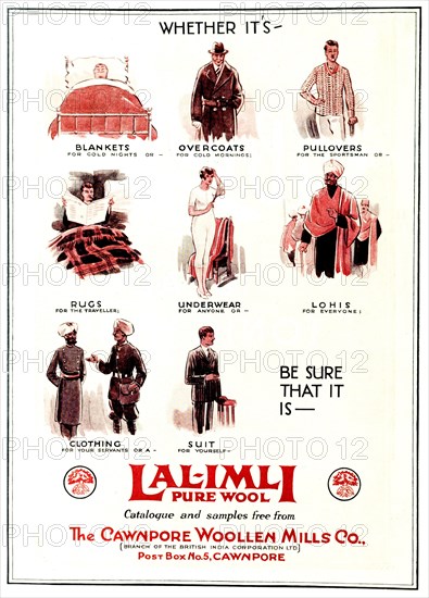 Advertisement for 'Lal-Imli' wool. A full-page advertisement for 'Lal-Imli' wool, taken from the 1929 edition of 'The Times of India Annual'. The illustrations depict several people using a diverse range of woollen products including blankets, pullovers, overcoats and rugs. India, 1929. India, Southern Asia, Asia.