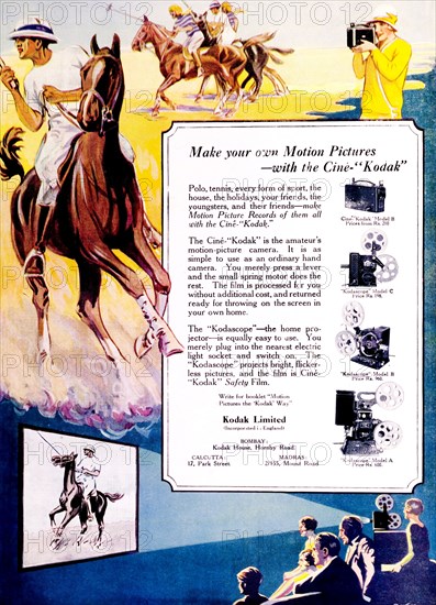 Advertisement for 'Cine-Kodak'. A full-page advertisement for 'Cine-Kodak' motion cameras and projectors, taken from the 1929 edition of 'The Times of India Annual'. The illustrations depict a British woman filming a polo game alongside a group who watch her film being screened on projector. India, 1929. India, Southern Asia, Asia.