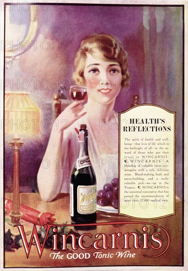 Advertisement for "Wincarnis" wine. A full-page advertisement for 'Wincarnis' tonic wine, taken from the 1929 edition of 'The Times of India Annual'. The illustration depicts a British woman enjoying a glass of wine, whilst the inset of text outlines its health benefits. India, 1929. India, Southern Asia, Asia.
