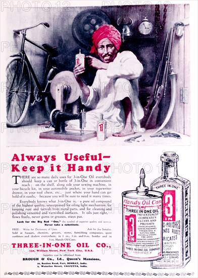 Advertisement for 'Three-In-One' oil. A full-page advertisement for 'Three-In-One' oil, taken from the 1929 edition of 'The Times of India Annual'. The illustration of an Indian man surrounded by household objects indicates a diverse range of uses for the product. India, 1929. India, Southern Asia, Asia.
