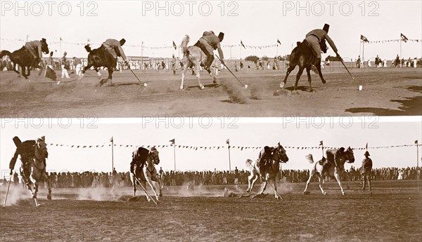 Cavalrymen in a 'tent-pegging' competition. A crowd of onlookers watch as four Sudanese cavalrymen of the Anglo-Egyptian army engage in a 'tent-pegging' competition. 'Tent-pegging' is a traditional cavalry sport that requires the rider to pick up small ground targets using a sword or lance whilst riding at a gallop. Sudan, circa 1910. Sudan, Eastern Africa, Africa.