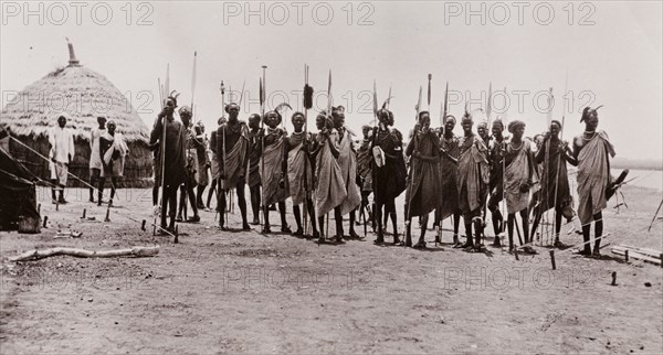 A group of Shilluk warriors. Portrait of a group of Shilluk warriors with their spears. The men stand closely together, dressed in simple robes with plumes of feathers in their hair. Taufikia, Sudan, circa 1910. Taufikia, Upper Nile, Sudan, Eastern Africa, Africa.